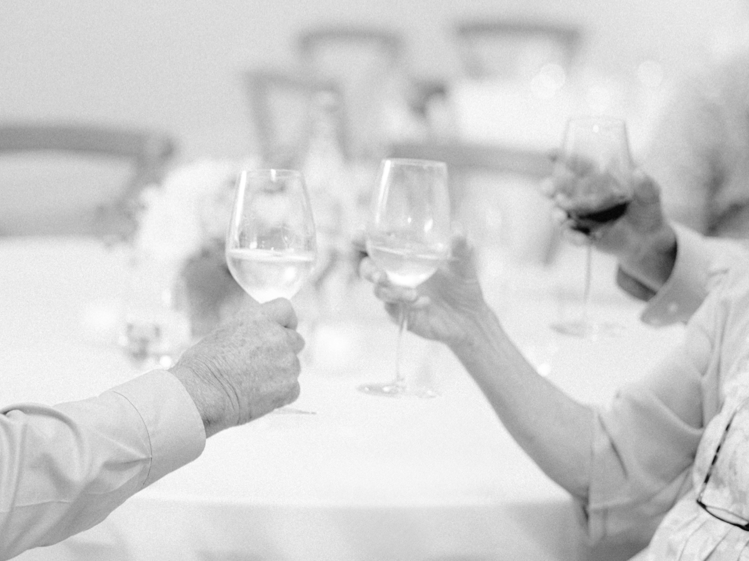 guests clinking wine glasses at harmony meadows wedding reception