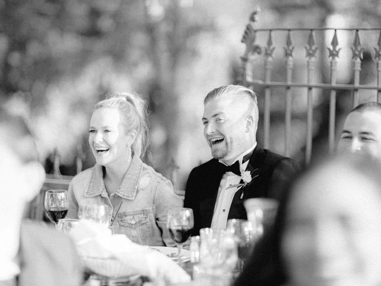 bride and groom laughing at triple s ranch wedding reception