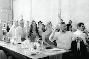 Guests listening to father of the bride speech during Abeja Winery Wedding