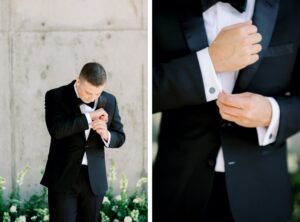 Groom getting ready in The Black Tux at Amaterra Winery Wedding