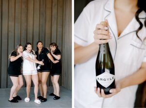Bride popping champagne at Amaterra Winery Wedding