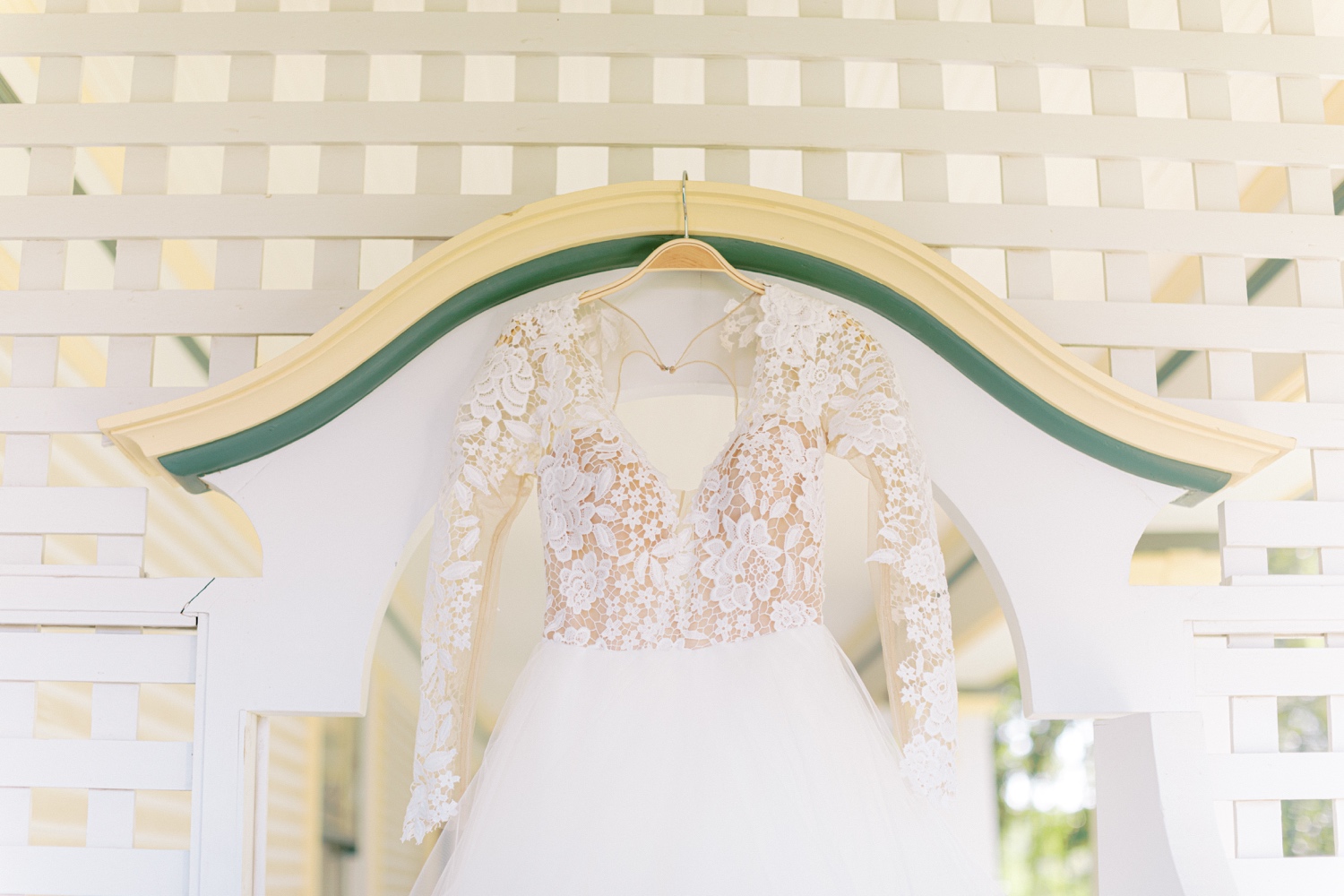 Hayley Paige wedding dress captured on the porch of Abeja Farmhouse