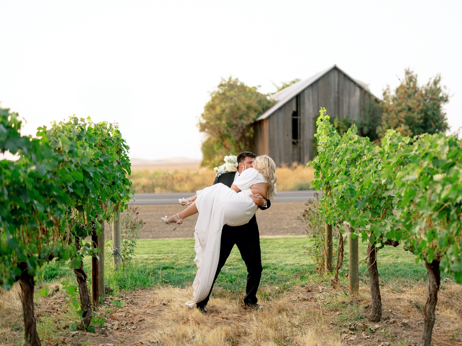 groom carries bride through abeja winery's vineyard during sunset portraits