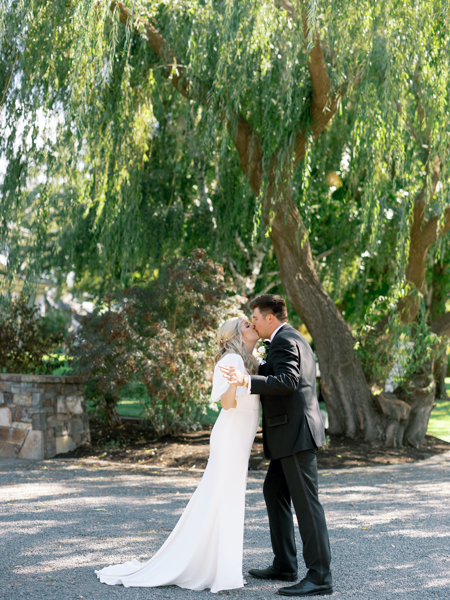 bride and groom share a kiss under a willow tree at abeja winery