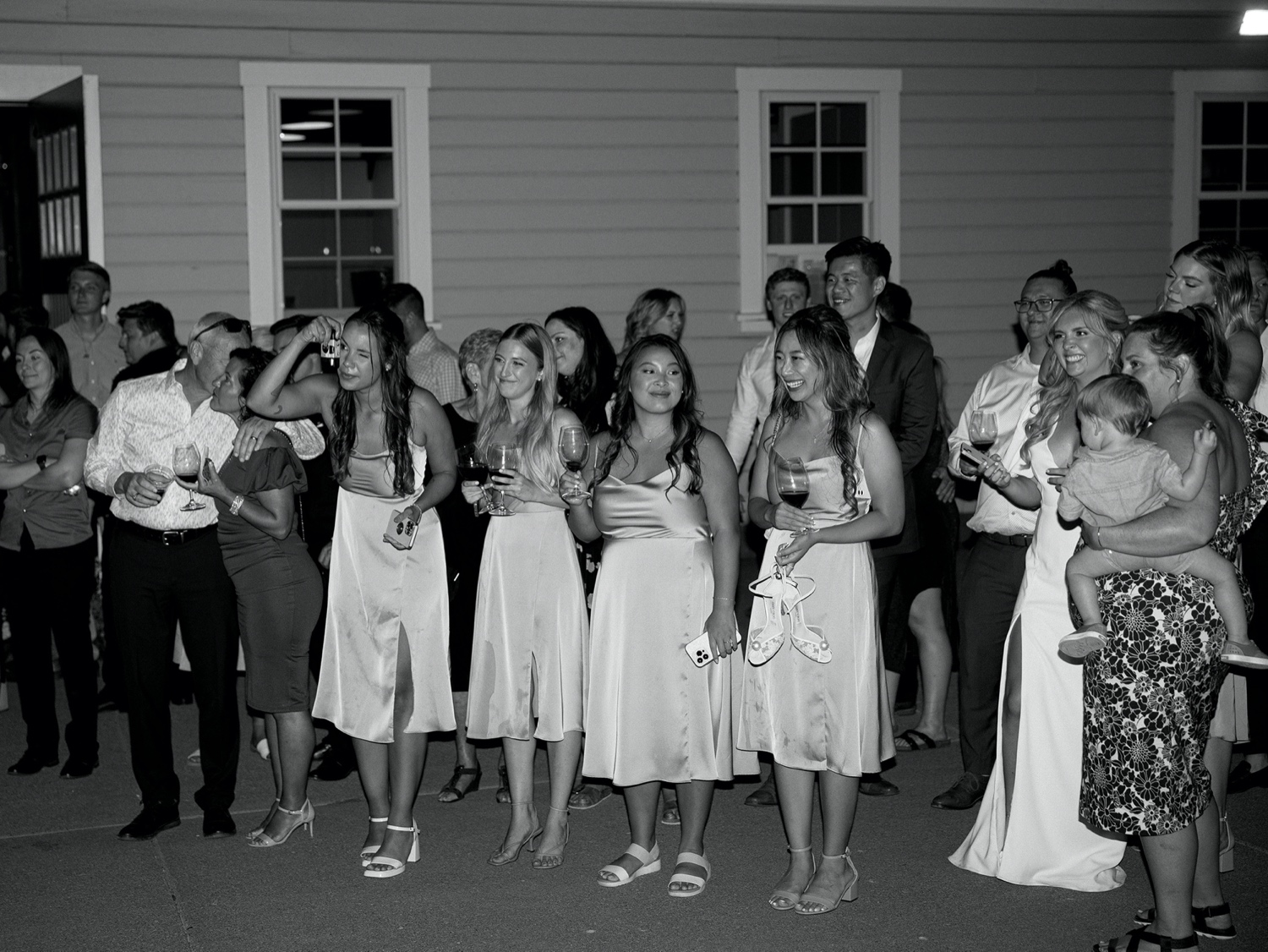 bridesmaids and guests watching first dance at abeja winery wedding